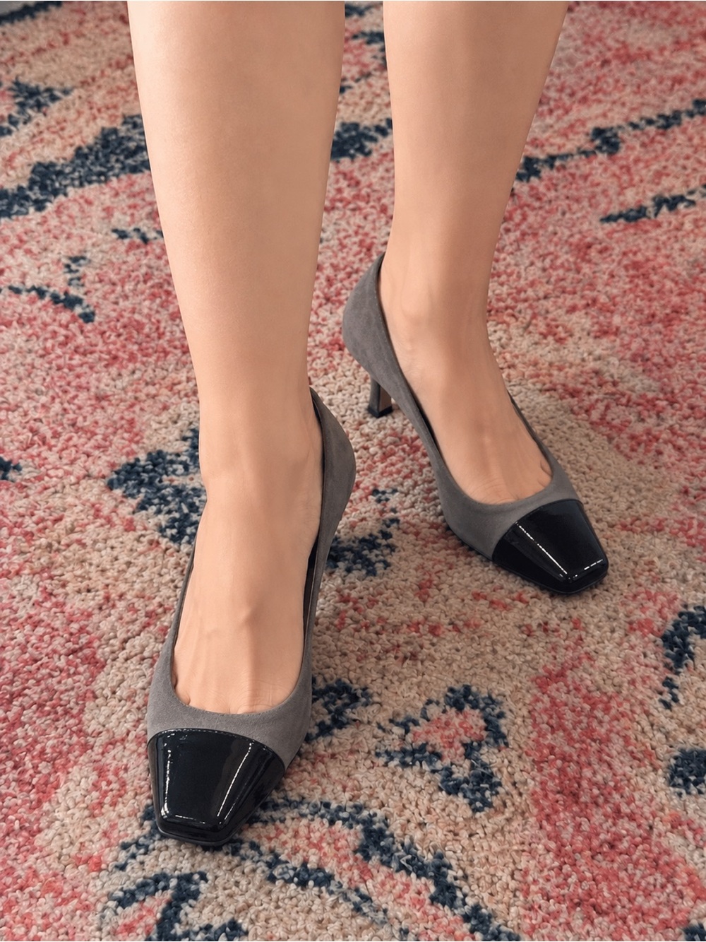 Prada Gray Suede Pumps with Black Patent Square Toe